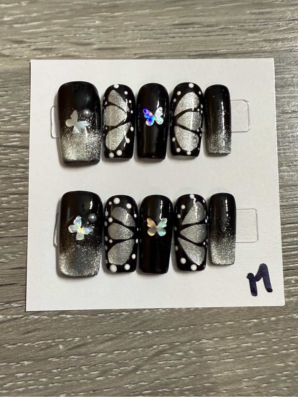 Black & Silver Butterfly Accent Press-On Nails by